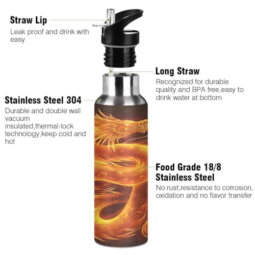 Fire Dragon Water Bottle Insulated Stainless Steel Water Bottle with Straw Lid 20 oz Leak Proof Flame Dragon Design Gift for Dragon Lovers Kids Boys Teens Men - color: Multicolor