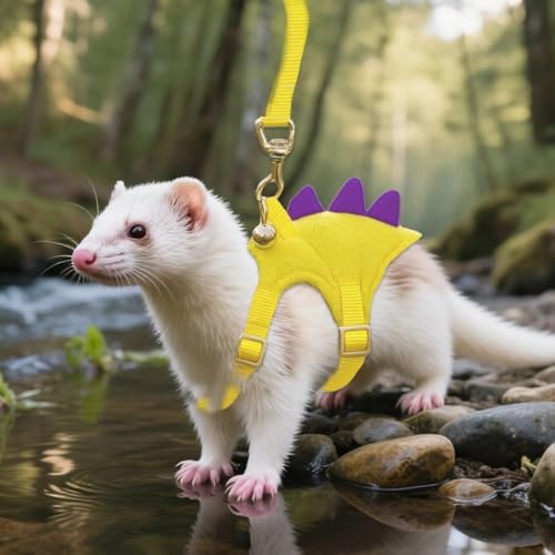 Ferret Harness and Leash Set Dinosaur Shaped Guinea Pig Leash Adjustable Hedgehog Rat Harness Small Pet Clothes for Chicken Rabbit Guinea Pig Teacup Chihuahua Mouse Bunny (Yellow)