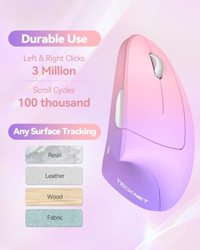 TECKNET Ergonomic Mouse Vertical Wireless with 2.4GHz USB A Receiver | 4800 DPI Optical Tracking, 12 Months Battery Operated, Carpal Tunnel Mice, 6 Buttons, Quiet, for Laptop, PC - Pink Purple - color: Pink Purple