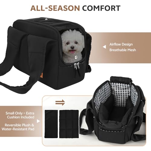 Dog Purse Carrier for Small Dogs and Cats, Soft-Sided Pet Tote Bag with 6 Large Pockets, Collapsible Travel Puppy Carrier with Small Cushion, Fits Pets up to 6 lbs (Black, 13.6" L x 6.6" W x 10" H) - color: Black, size: 13.6"L x 6.6"W x 10.0"H