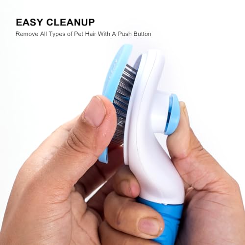 Aogeili Self Cleaning Slicker Brush, Skin Friendly Deshedding Grooming Tool for Dogs, Cats & Bunny, One-Click Release Removes Loose Undercoat, Mats & Tangles, for Long & Short Hair Shedding Pets - color: Blue