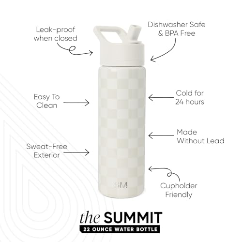 Simple Modern Insulated Water Bottle with Straw | 22oz | Checkered | Summit Stainless Steel Water Bottles, Metal Cup | Leak Proof for School, Gym, Travel, Sports | Cream Checkmate - color: Pattern: Cream Checkmate, style: 22oz