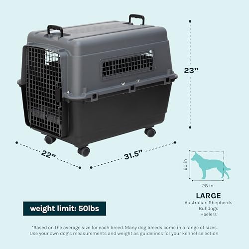 SportPet Airline Compliant LARGE 31.5" Travel Dog Kennel- Durable Plastic Airline Pet Carrier w/ Removable Wheels & Food Bowls, Collapsible Indoor/Outdoor Dog Kennel, Dogs up to 28"L & 20"H-Dark Gray - color: Dark Gray