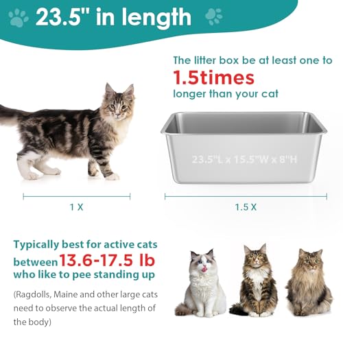 Stainless Steel Cat Litter Box,Large Metal Litter Box,23.5" Lx15.5 Wx8 H | Never Absorbs Odors,Stain Free, Rustproof, Non Stick Smooth Surface, Anti-Slip Rubber Bottom - color: 8" H, size: 23.5"L x 15.5"W