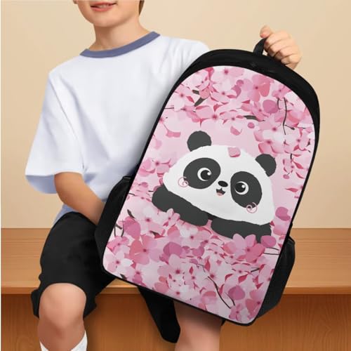 Cherry Floral Panda Bookbag for Girls Kids Backpack and Lunch Box Set Water Bottle Bag and Novelty Pencil Box 4 in 1 Sets Boys 7th Grade School Bag with Compartment 17 inch Soft Back Packs - color: Cherry Floral Panda