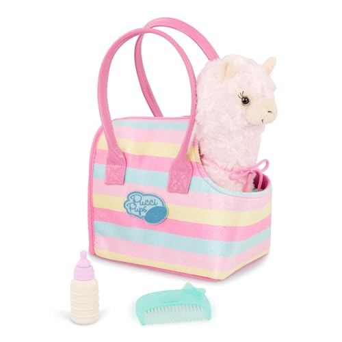 Pucci Pups Plush Llama Pet with Striped Carrier Bag, Comb & Bottle | 4-piece plush pet set with 1 llama, 1 striped carrier bag, 1 bottle, and 1 comb for pretend care and take-along, 2+ Years - style: Llama - Stripe Bag