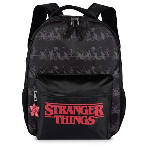 AI ACCESSORY INNOVATIONS Stranger Things Backpack with Character Graphic Pattern, Black, 16x12x5 Inches, Polyester, 3 Pockets, Water Repellent, Adjustable Straps, Padded Back - color: Stranger Things