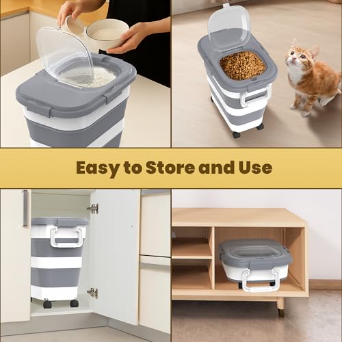 HOYTAMDA 25-35Lbs Collapsible Rice Container,Food Storage Containers Wheels | Rice Storage Container with Airtight Clear Lid,Handle,Small Bin &Scoop,Rice Dispenser for Flour Sugar Cereal Dog Cat Food - color: Grey/25-35lbs