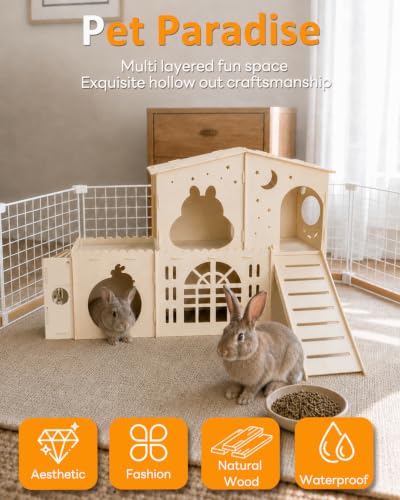 Wooden Bunny Castle, 2-Story Rabbit House and Rabbit Hideout | with Slide, 5-Room Bunny House Indoor for Guinea Pigs, Chinchillas and Small Animals