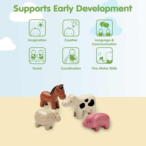 PlanToys Farm Animal Figurines Set - Four Cute Sustainably-Made Wood Pig, Sheep, Cow, and Horse Figures to Stimulate Interactive and Creative Play - color: Farm Animals Set