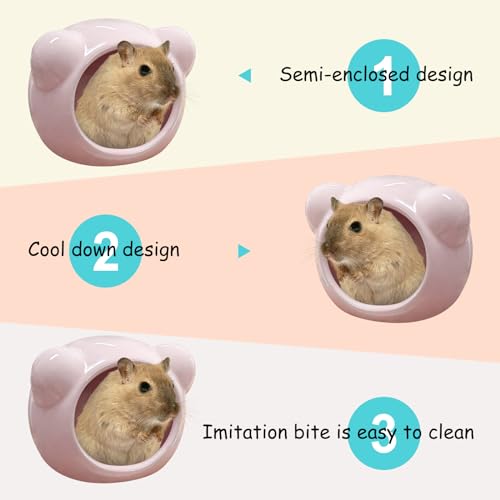 Ceramic Hamster House, Cute Animal Shaped Hamster Cave, Summer Cool Small Animal Hideout Habitat Decor for Dwarf Hamsters (Pink) - color: Pink