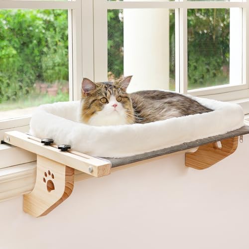 AMOSIJOY Cat Sill Window Perch Sturdy Hammock Window Seat with Cushion Bed Cover, Wood & Metal Frame for Large Cats, Easy to Adjust Cat Bed for Windowsill, Bedside, Drawer and Cabinet(Cushion Bed) - color: White, size: 27.5''L x 15''W