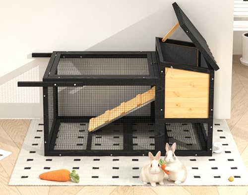 2-Story Rabbit Hutch, Wooden Bunny Cage with Chew-Proof Ramp, Indoor Outdoor Rabbit Cage with Wheels & Pull-Out Tray for Rabbits & Small Animals, Black & Yellow