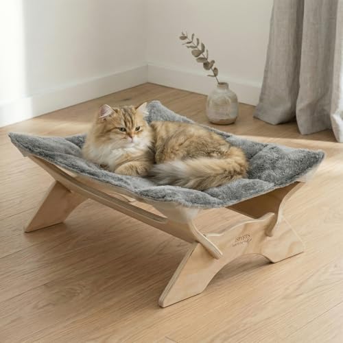 JSPYFITS Elevated Cat Bed Hammock, Raised Cat Bed with Dual-Sided Plush & Linen Cushion, Machine Washable & Breathable Cover Tool Free Easy Assembly, up to 66Lbs (Gray) - color: Cozy Grey