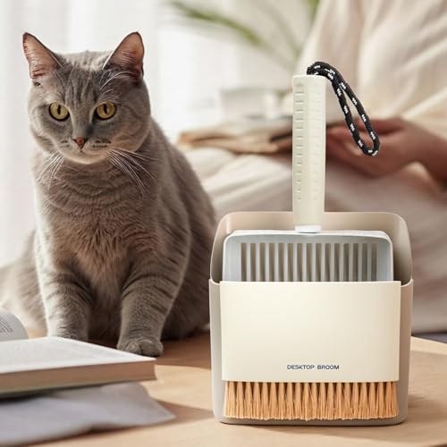 Cat Litter Scoop with Holder, Stainless Steel, Non-Slip Handle | Stainless steel litter scoop with holder captures clumps fast and includes a mini broom and dustpan for easy cleanup - color: White
