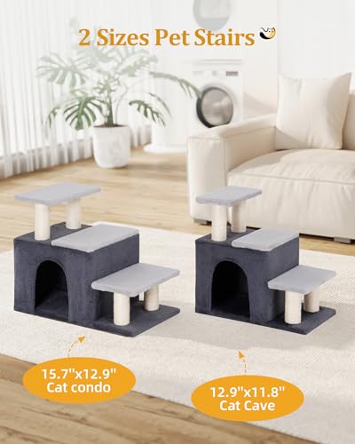 Aechonow 3-in-1 Pet Stairs for Cats, Dog Steps for Small Doggie Rabbits | 6.29'' Depth Cat Stairs, Indoor Cat Ladders for High Bed for Pet's Joints, 1 Cat Condo Cave, Sisal Scratcher, Grey, Medium - size: M-Gray