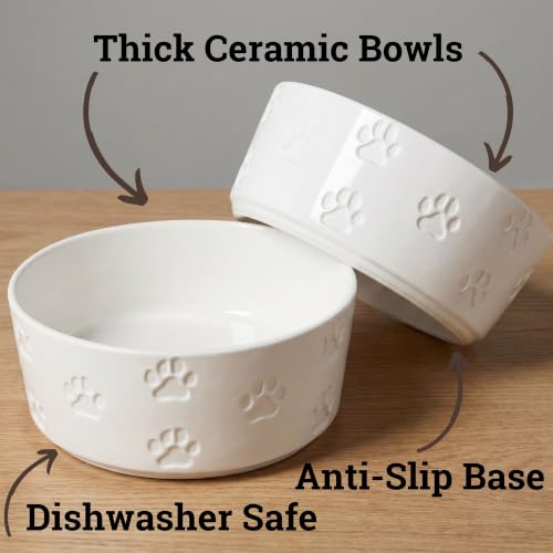 Ceramic Dog Bowl Set of 2 with Anti-Skid Base 7.5" W x 3" H, 6 Cup Capacity | Thick Ceramic, Dishwasher Safe, Anti-Skid Rubber Base, 6 Cups per Bowl, Ceramic Food & Water Bowls Set of 2 for Large Dogs - color: White, size: Large