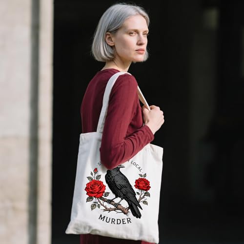 ANATTASOUL Canvas Tote Bag Reusable Cotton Bag for Women, Large 14.96"x 15.74" Cloth Shoulder Bags with Zipper Pockets - style: Crows and Flowers
