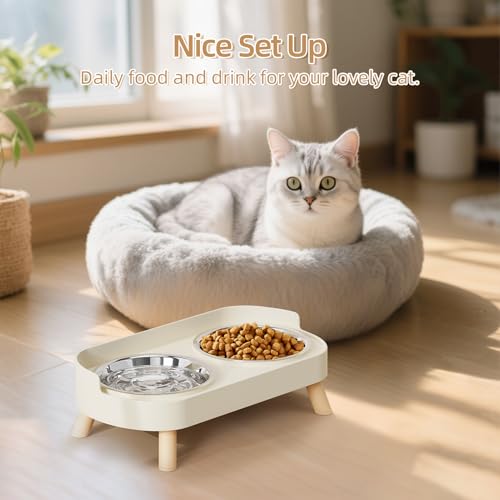 Elevated Cat Bowl, Raised Cat Food and Water Bowl Set for Indoor Cats, Splash Proof with 2 Stainless Steel Pet Food Bowls for Cats and Puppies, Whisker Fatigue and Dishwasher Safe - White - color: Cat Bowls-White