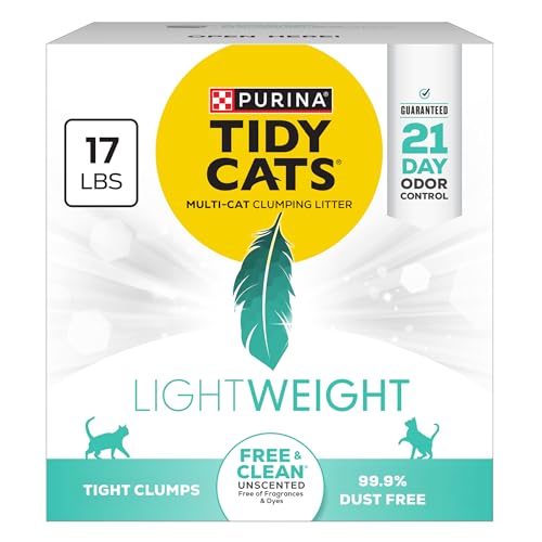 Purina Tidy Cats Low Dust Clumping Cat Litter, LightWeight Free & Clean Unscented, Multi Cat Litter - 17 lb. Box | Unscented, charcoal-powered formula offers 21-day odor control and tight, dust-free clumping. - size: 17 Pound (Pack of 1)