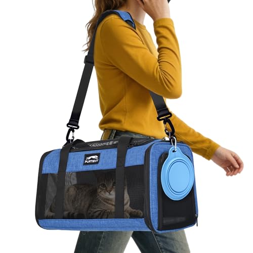 Pet Carrier Airline Approved, Soft Sided Cat Carrier for Small Pets up to 13 lbs, TSA Approved Dog Travel Bag, Portable Soft Sided Pet Carrier for Kittens and Puppies (Blue, Folding Bowl) - color: BLUE