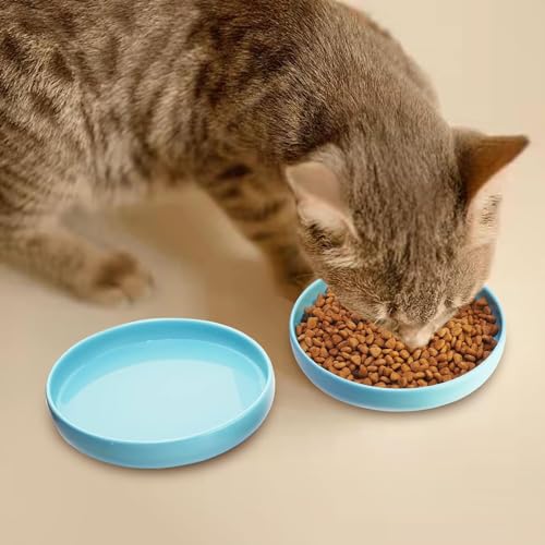 Ceramic Cat Bowls,Shallow Cat Dishes for Food and Water, 6 inch Matte Finish Wide Cat Food Bowl,Whisker Fatigue Free Pet Puppy Kitten Bowl Set of 3,Dishwasher Safe - color: Blue-3pack