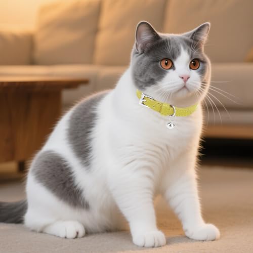 PUPTECK 2 PCS Soft Genuine Leather Cat Kitten Collar with Bells Adjustable for Girl Boy Cats Puppy - Yellow Green, Deep Purple - color: Yellow Green & Deep Purple