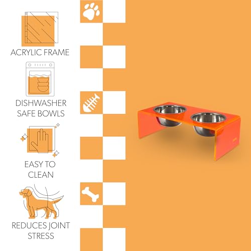 DBL2000E Keaton 5" Small/Medium Modern Acrylic Rectangular Elevated Pet Feeder with 20oz 2-Stainless Steel Bowls, Pink/Chrome - color: Pink/Chrome, size: 20 Ounces (5" Cups 2-Pack)