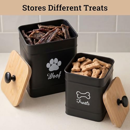 Dog Treat Container Airtight Set of 2 - 8x6 & 7x5 inch Iron Dog Treat Jars for Kitchen Counter with Airtight Bamboo Lids - 20 Cup Capacity Pet Treat Container Set - Doggie Cookie Jar - Treats Canister | Fits All Popular Treats, Up to 20 Cups Combined Capa