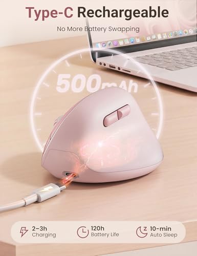 Ergonomic Vertical Wireless Mouse, 57°, Small/Medium Hands, Pink | Rechargeable, Quiet Click, 800/1200/1600 DPI, 2.4GHz USB Receiver, Forward/Back Buttons, Computer Mouse for Laptop PC Mac - color: Pink