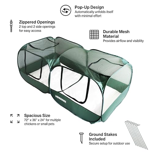 Portable Chicken Coop - Small Animal Playpen and Pop Up Chicken Coop Run - Transparent Breathable Mesh Net and Foldable - Complete with Collapsible Food/Water Bowl