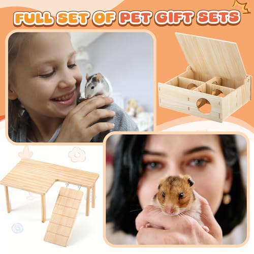2 Pcs Natural Wooden Hamster Platform & Multi-Chamber Hideout, Flip-top Labyrinth Tunnel Cage Accessories for Syrian Dwarf Hamsters, Gerbils, Mice, Stress Relief Small Animal Habitat Decor