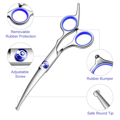 Dog Grooming Scissors Kit, Premium Stainless Steel Dog Shears with Curved Shears, Sharp Durable for Dogs Cats+Blue 3 Piece - color: Blue 3 Piece