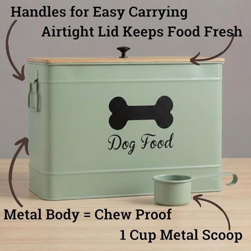 Metal Dog Food Container 15-20 lbs w/ Airtight Bamboo Lid, 70 Cup Capacity | Pet Jar For Dogs up to 100lbs, Airtight Bamboo Lid, Sturdy Comfortable Metal Handle, Powder Coated Iron, Kibble Storage Bin - color: Sage Green
