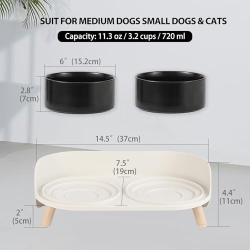Elevated Ceramic Dog Bowl Set - Double Dog Feeding Bowls with Stand Splash Proof - Raised Dishes for Food and Water - Ideal for Small to Medium Dogs - 2 x 720 ml - 11.3 oz - Black - color: Black, size: Medium