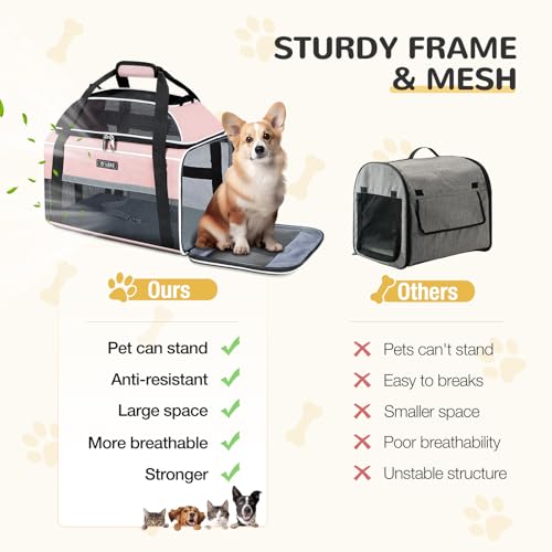 Lekereise Top-Expandable Pet Carrier 18x11x11Inch Delta American United Airline Approved Soft Sided Underseat to 15lbs Travel Carriers for Small Dogs Cats with Locking Safety Zippers Anti-Scratch Mesh - color: Pink