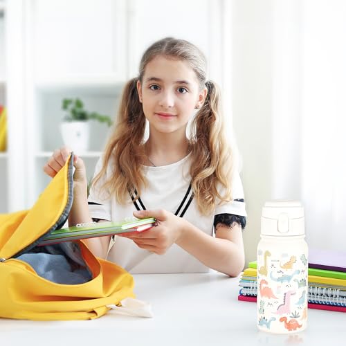 GOPPUS Kids Insulated Water Bottle 12oz, Leakproof Stainless Steel Thermos, BPA Free Double Wall Vacuum Insulated Bottle for School, Travel, Sports & Outdoor Activities, Boys Girls - color: White dinosaur