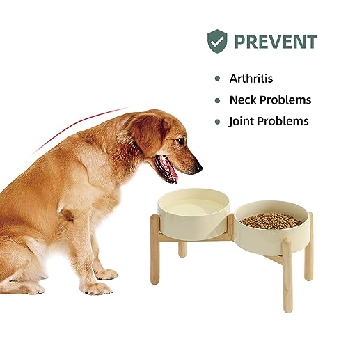 Havniva Elevated Dog Bowls Ceramic Dog Bowls with Stand, Dog Food Bowl | 8.3” Raised Dog Bowls with Non-Slip Wood Stand, Dog Food and Water Bowl Set, Double Dog Feeding Bowls for Large Dogs - color: 2 Bowls+Stand - Light Yellow, size: 8.3inch