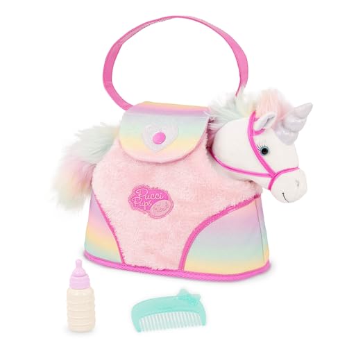 Pucci Pals Rainbow Bag & Sparkly Unicorn Plush Pet with Carrier | Rainbow Bag & Sparkly Unicorn 6-piece set with carrier bag, pet care accessories, and plush take-along play, 2+ Years - style: Unicorn - Pink Bag
