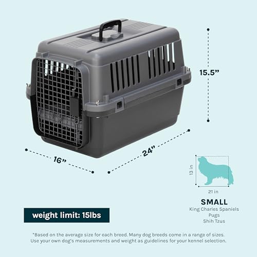 SportPet Airline Compliant Small 24" Travel Dog Kennel - Durable Plastic Airline Pet Carrier (No Wheels) & Food Bowls, Collapsible Indoor/Outdoor Dog Kennel, Dogs up to 21" L & 13" H - Dark Gray - color: Dark Gray