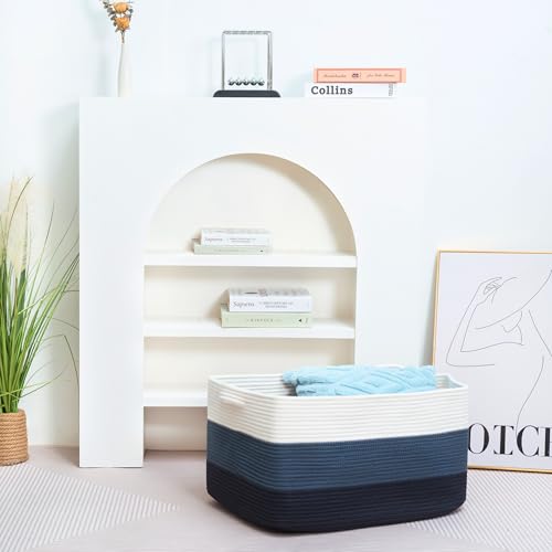 22in Extra Large Blanket Basket Holder Living Room, Rectangle Rope Woven Storage Basket with Handles for Laundry, Pool Towels, and Shoes, Dog Toy Organizer Bin Box, 3-Tone Blue - color: 3-Tone Blue