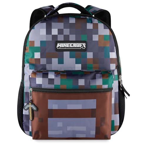 AI ACCESSORY INNOVATIONS Minecraft Backpack for Kids, Pixelated Block Print Design with Adjustable Straps, 16 Inch Rectangular Daypack, 3 Zippered Compartments, Water Repellent Polyester - color: Minecraft