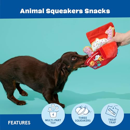 BarkBox Animal Squeakers 4-in-1 Interactive Plush Dog Toy | Squeaky Dog Toys with Crinkle Box and Treat-Hiding - For Extra Small to Small Dogs and Puppies - color: Animal Squeakers Snacks