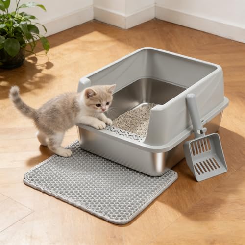 Stainless Steel Litter Box for Kitten,Metal Litter Box with Lid S | Cat Litter Box High Sides,Small Cats,Open Design,Indoor,1-Mat and 1-Scoop,Easy to Clean, No Odor,Anti-Urine Leakage - color: S-M-lid-10"H