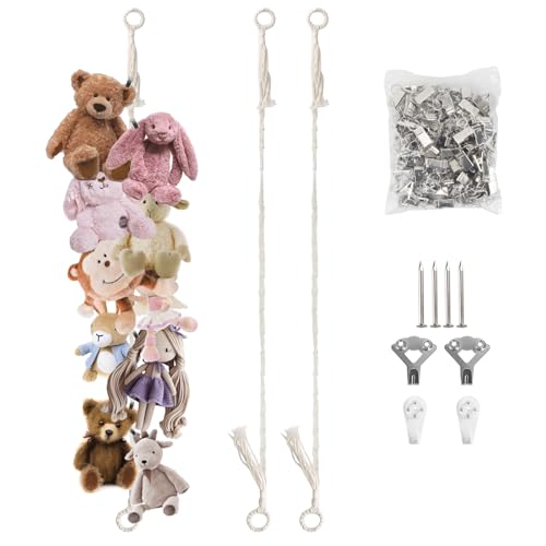 Munzong Beige Hanging Stuffed Animal Storage Chain, 40 Metal Clips 80 Inch | Cotton Stuffed Animal Display Holder on Wall for Room Corner Wall Decor Play Room - color: Beige, size: 2 Pack