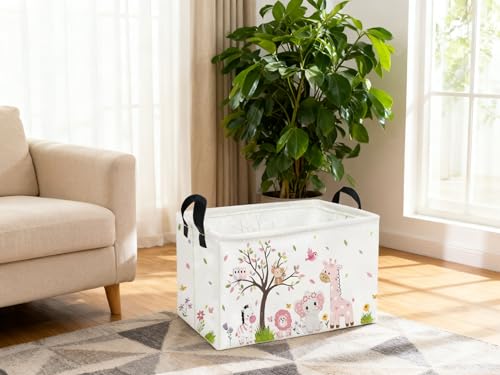 Essme Rectangular Animal Baskets,Pink Storage Basket with Handles for Room Decor,Cute Storage Bin（Pink animal） - color: Pink animal