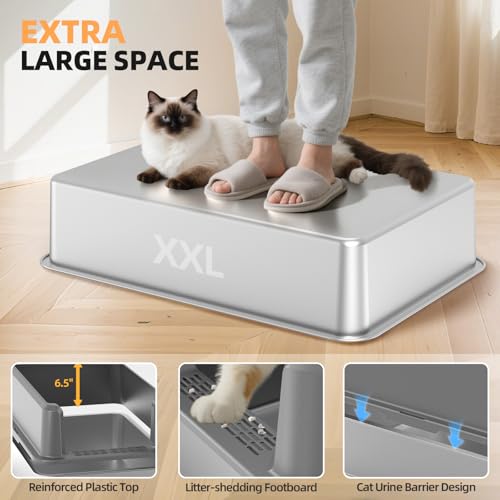 Stainless Steel Cat Litter Box, XXL High Sided Open Top Litter Pan, 1 Scoop | XXL, Spacious Interior, High Sides, Anti-Urine Leakage, Non-Stick Odor Resistant, Easy Clean, Reduce Litter Tracking - color: 3 - Light Gray (Pack of 1)