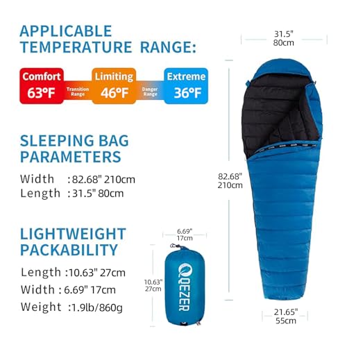 0 Degree Down Sleeping Bag for Adults,Cold Weather Backpacking | 650 Fill Power Down, 4-Season Use, Large Lightweight Compact Carry, Camping Hiking Backpacking - color: 500g-Blue