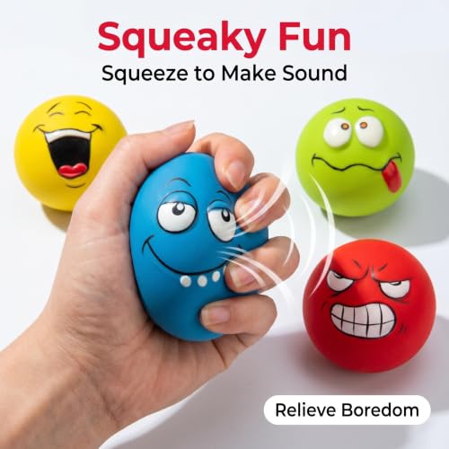 Squeaky Dog Toys, Funny Face Latex Rubber Interactive Dog Balls, Soft Chew Fetch Play Toys for Puppy Small Medium Dogs, 4PCS - color: Red Blue Yellow Green