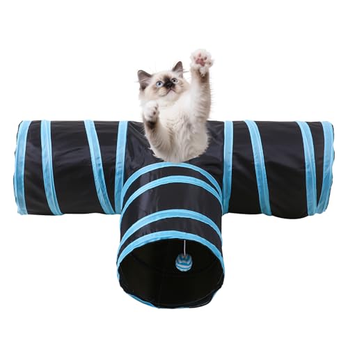 Pet Cat Tunnel, T-3 Way Tunnels for Indoor Cats, Collapsible Pet Tunnel for Kitten, Puppy, Rabbit, 25cm-Wide Tunnels, Durable & Breathable, with Peek Hole Toy Ball - color: T-Junction Tunnel & Black/Blue